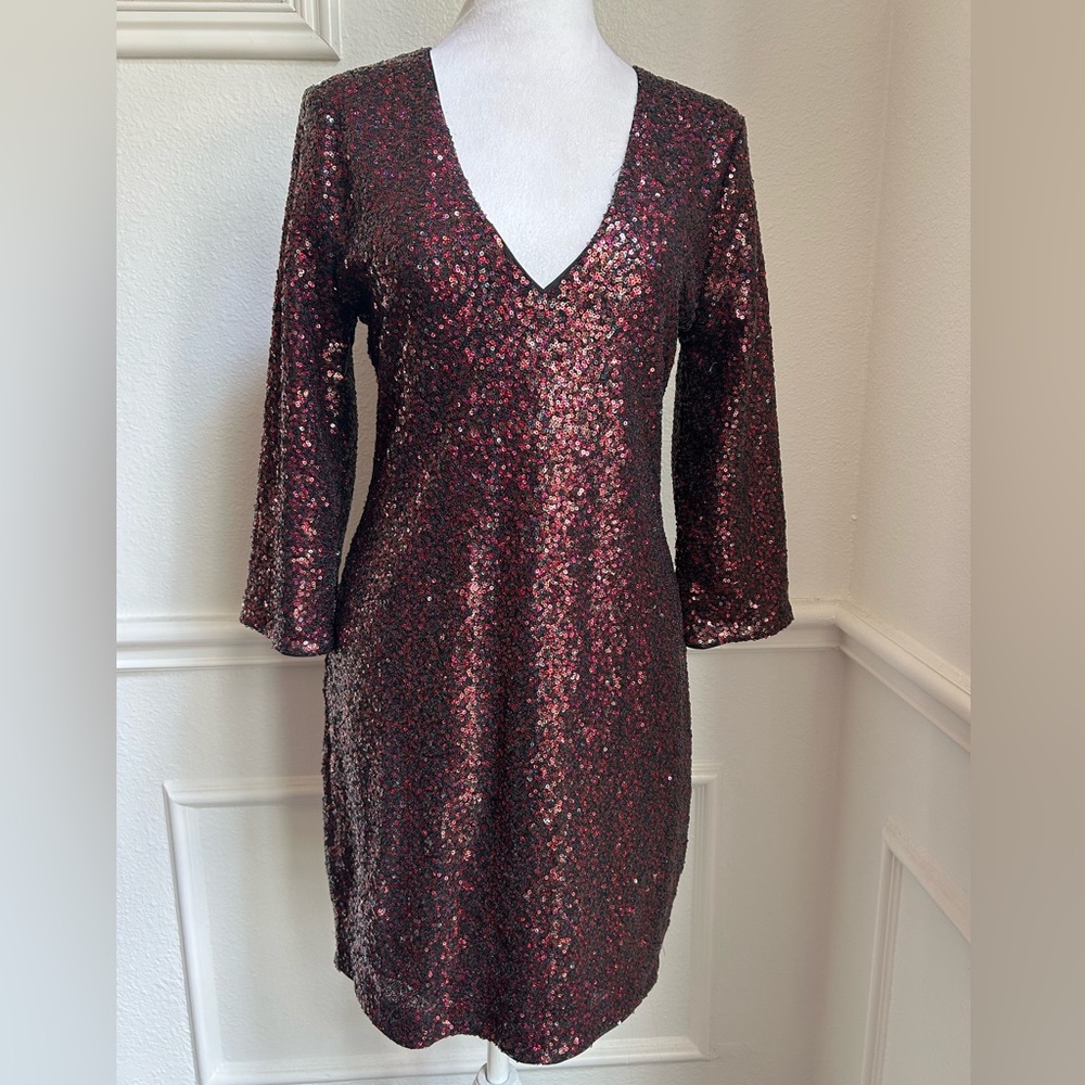 Express Black and Burgundy Sequin Long Sleeve Dress, Size 8